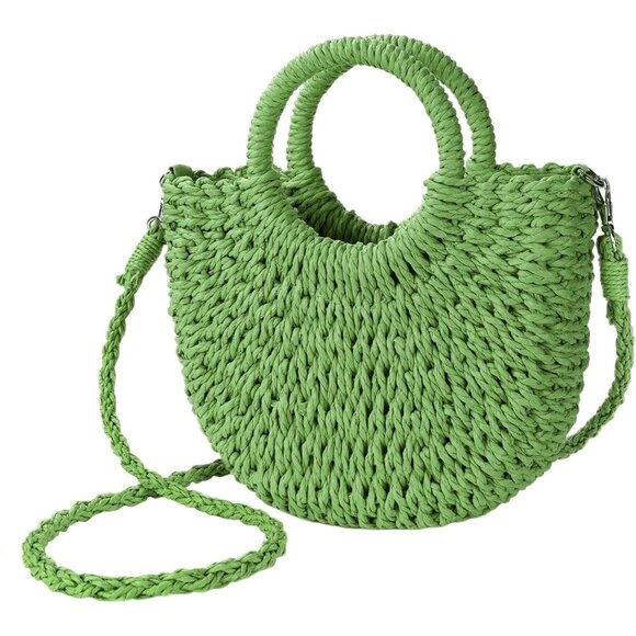 Women's Green Straw Beach Woven Cross Body Shoulder Top Handle Satchel Handbag - Picture 1 of 6